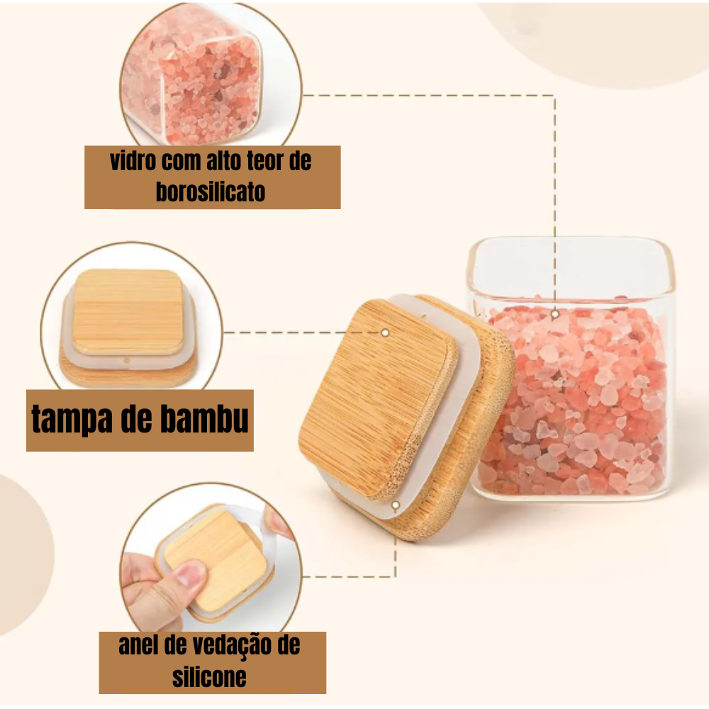 Kit 15 Potes de Vidro para Temperos + Bandeja Organizadora