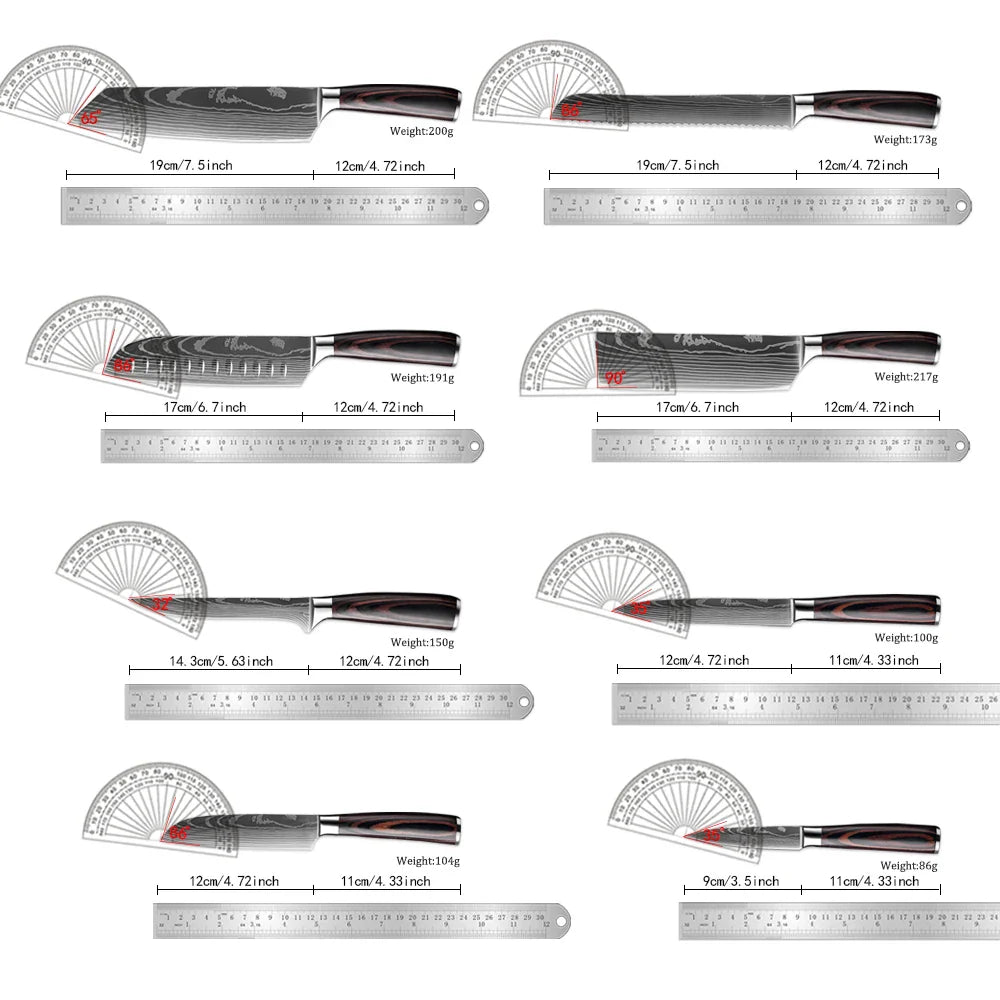 Conjunto de facas de cozinha 9 Peças, aço inoxidável, cabo ergonômico de madeira.