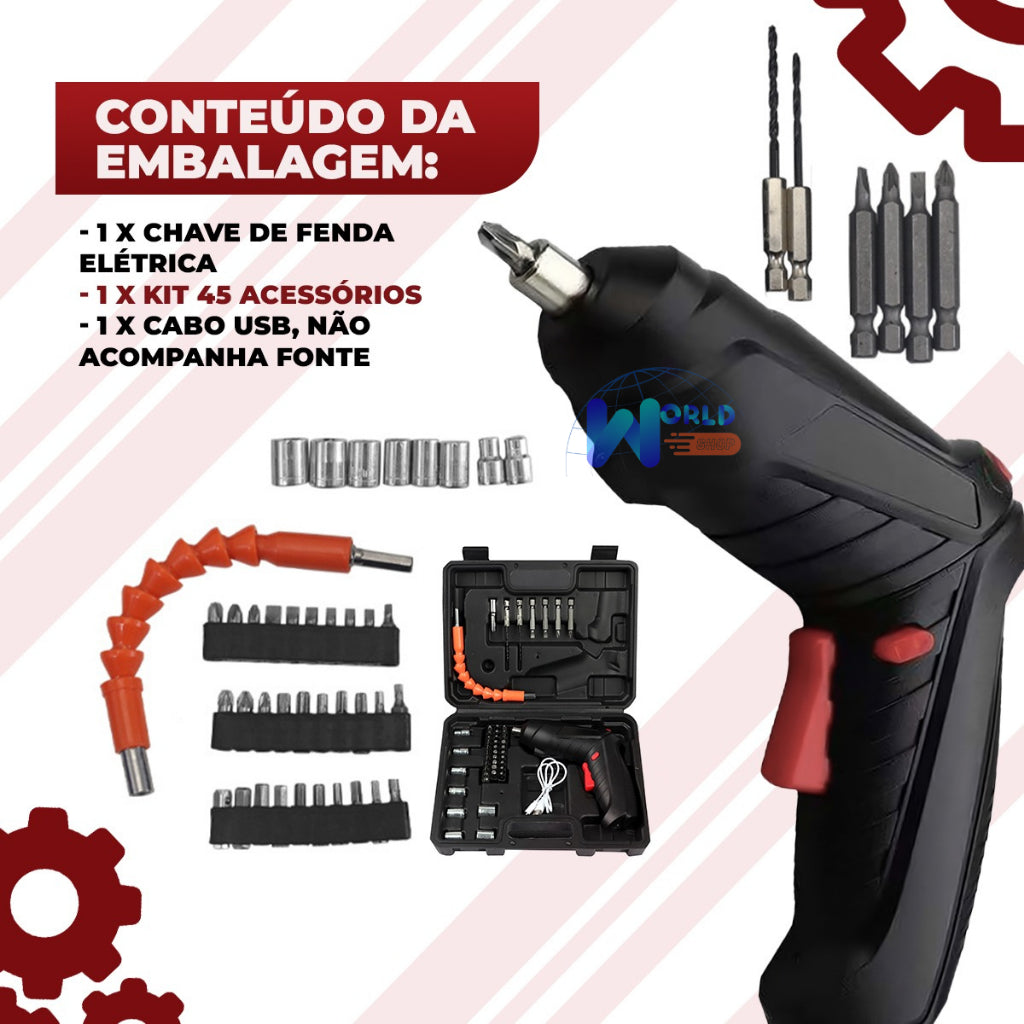 kit Parafusadeira/furadeira 48 Pçs À Bateria Carregador Usb (Dupla posição) Oferta especial