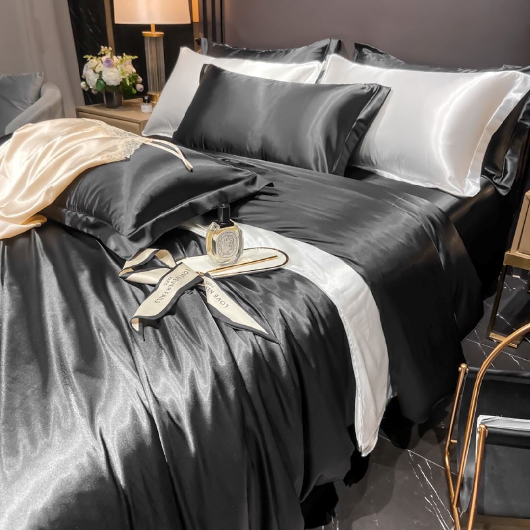 Conjunto de Cama de Luxo - Capa de Edredom, Lençol e Fronhas Incluídos - Preto